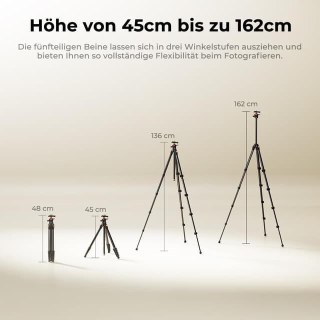 Detalle 2 de K&F CONCEPT A305A1+BH-40 Kamera-Stativ (Handy-Stativ), 162 cm – Aluminium-Reisestativ für Smartphone & Tablet