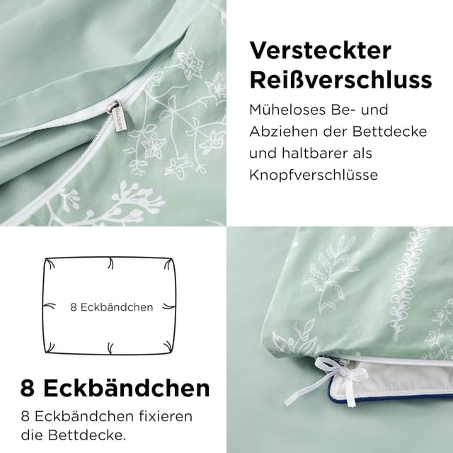 Detalle de BEDSURE Bettwäsche 135x200 (4-teilig) aus Baumwolle, grün mit Pflanzenblumen-Muster, mit Reißverschluss