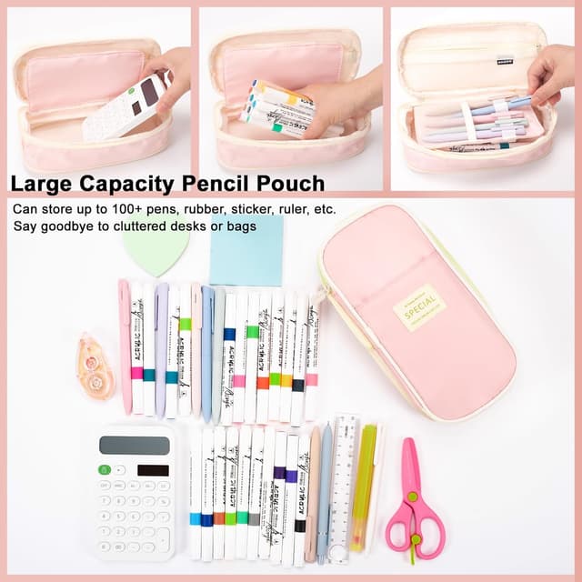 Detalle de Vinuwu Big Capacity Pencil Case for Girls with Zip, Expandable Nylon Pencil Pouch (Pink)