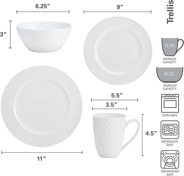 Detalle 2 de Mikasa Trellis 16-Piece Bone China Dinnerware Set in White (Plates, Bowls, and Mugs)