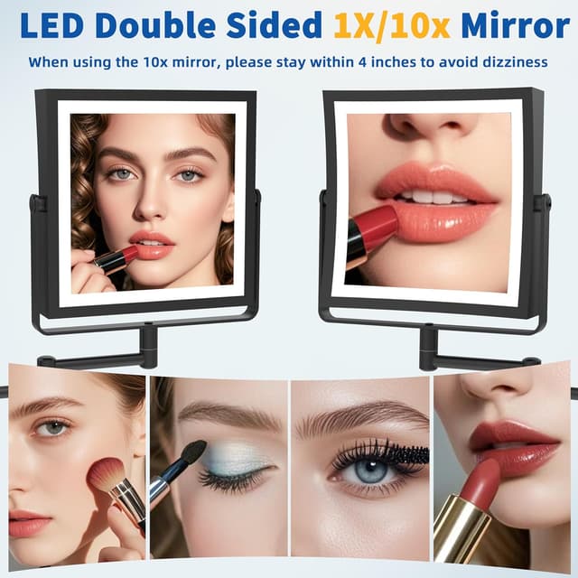 Detalle de Ruacq Rechargeable Wall Mounted Makeup Mirror with Lights (1X/10X, 3-Color Dimmable, 360° Arm)