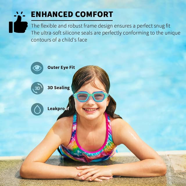 Detalle de BEEWAY Kids Swimming Goggles (6-14) with Wide View, Anti-fog & Anti-leak