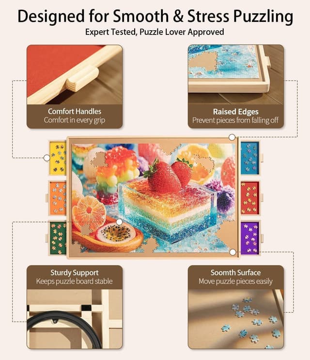 Detalle de 1500-Piece Wooden Puzzle Board (34" x 25") with 6 Drawers, Felt Trays & 360° Lazy Susan