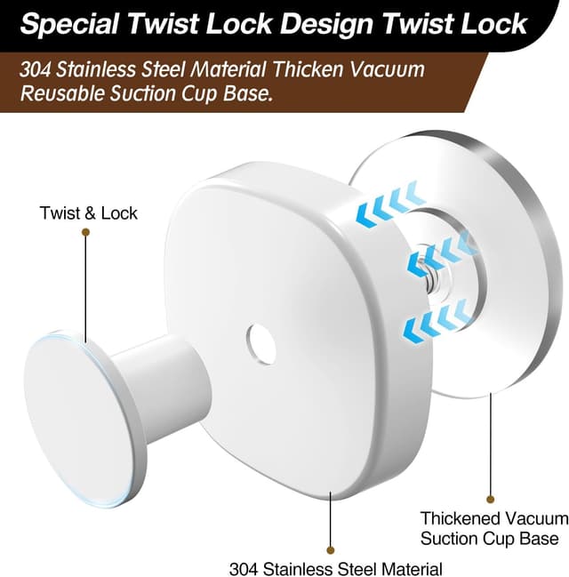 Detalle 2 de ZUNTO 4 Pack Suction Cup Hooks (No Drilling) for Bathroom & Kitchen – White stainless steel towel holders