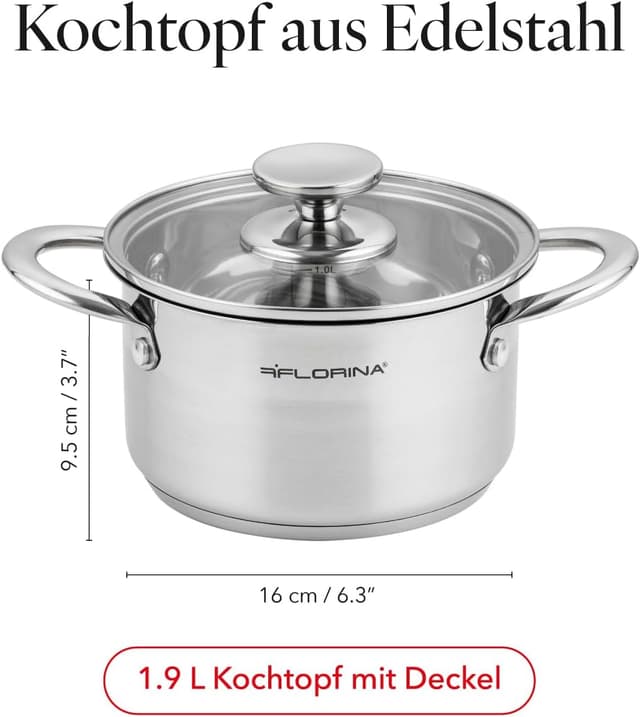 Detalle de FLORINA Falcon Edelstahl-Kochtopf 1,9 l (Ø 16 cm) mit Glasdeckel und Innenskala