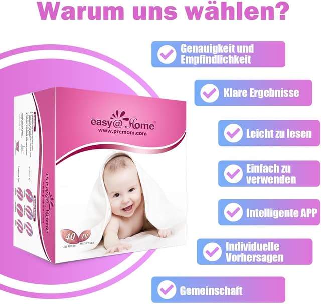 Detalle de Easy@Home 40 Ovulationsteststreifen & 10 Schwangerschaftsteststreifen inkl. Premom-App (5 mm)