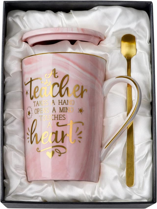 Detalle de Pink Marble 14 oz Teacher Appreciation Mug Gift Set for Women (Includes Lid, Spoon & Card)