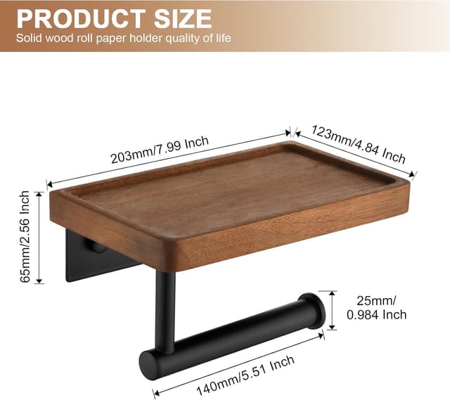 Detalle 2 de QICAIFACAI Wall Mounted Toilet Roll Holder with Natural Solid Walnut Shelf – Self-Adhesive or Drilled Installation