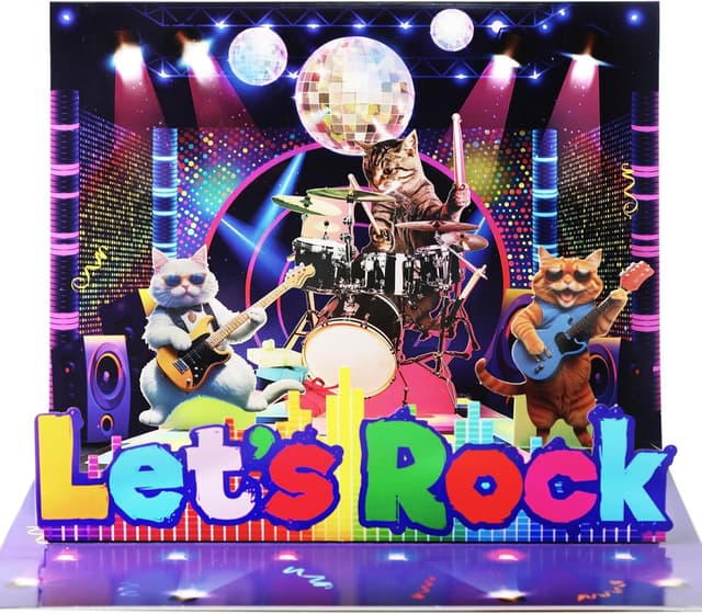 Detalle de Rockin' Cat Birthday Card with Lights & Music – Musical pop-up guitar cat greeting