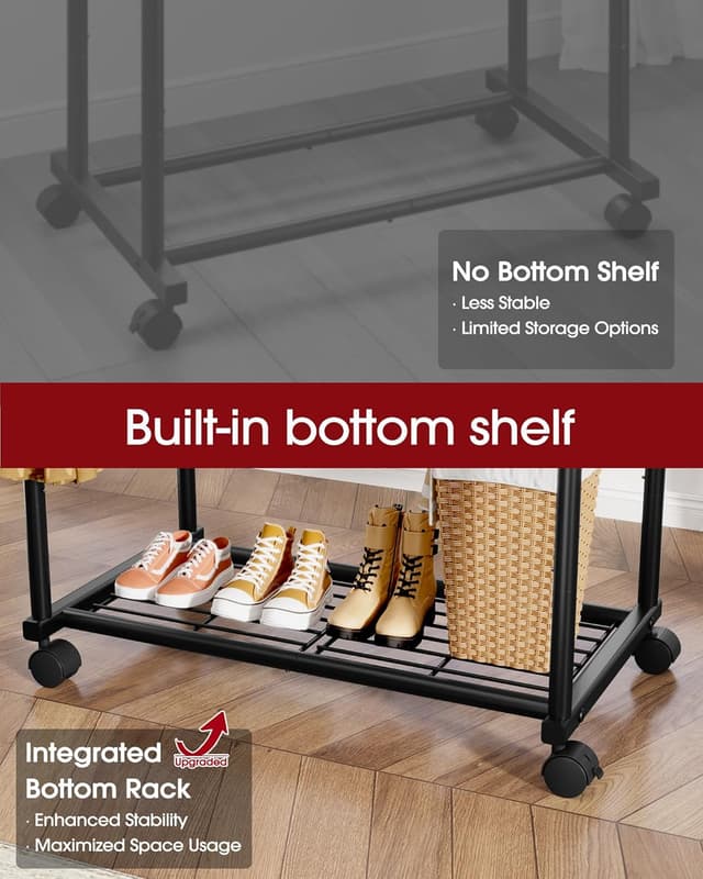 Detalle de Sakugi double-rod clothes rail with fixed extension rod, mesh shelf and universal wheels (98cm x 42cm x 150cm) - Black