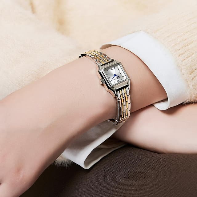 Detalle de VICTORIA HYDE Gold Damenuhr aus Edelstahl mit rechteckigem Vintage-Design (Quarz, analog)