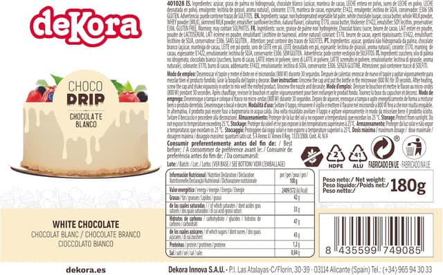 Detalle 1 de Dekora Top Drip Chocolat Blanc – décoration effet goutte pour gâteaux (180 g)