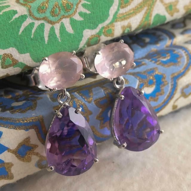 Detalle 1 de Rose Quartz and Amethyst Sterling Silver Drop Earrings (Handmade 925 Silver) – Natural Gemstone Statement Drops