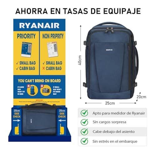 Detalle 2 de ECOHUB Mochila de cabina para Ryanair de 40x20x25 cm (20L) con 13 compartimentos y tejido PET reciclado