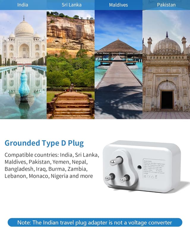 Detalle 2 de MSCIEN India Type D UK to India Plug Adapter with USB ⚡