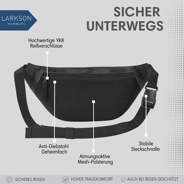 Detalle de LARKSON Bauchtasche Grau Leo – Hüfttasche, Crossbody und Gürteltasche für Alltag, Sport & Outdoor