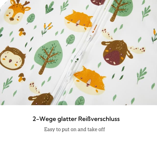 Detalle de Chilsuessy Baby Schlafsack mit Füßen 1,5 Tog (Waldtiere) aus 100% Baumwolle – Ganzjahres-Schlafsack für 95–105 cm