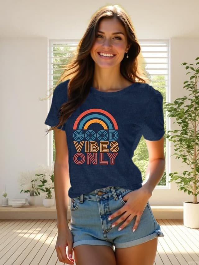 Detalle de Qskall women’s vintage rainbow “Good Vibes Only” T-shirt