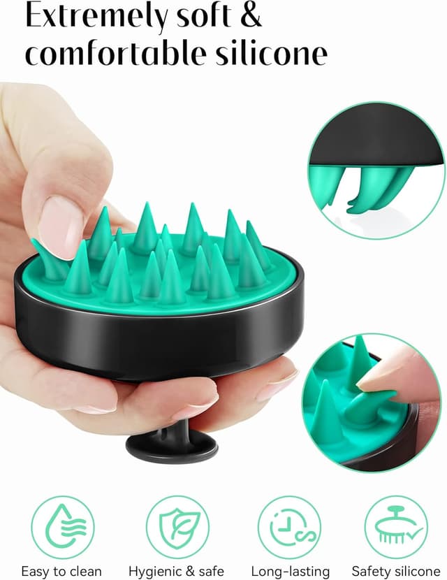 Detalle de HEETA Scalp Massager Hair Growth Shampoo Brush with Soft Silicone Bristles (Black & Turquoise)