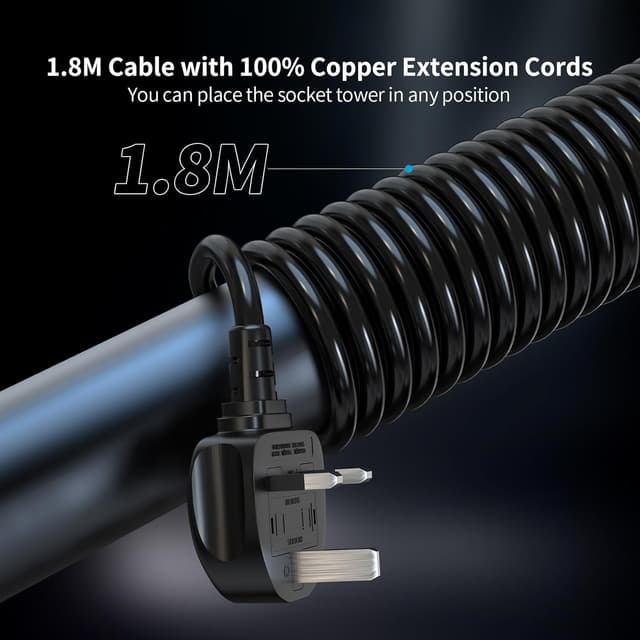 Thumbnail 5 de Tower Extension Lead 12‑Way 1.8m with 18W USB C and Surge Protection 🔌