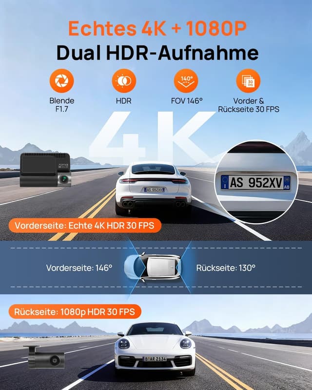 Detalle 2 de 70mai 4K Dash Cam Front and Rear A810S (4K+1080P) with STARVIS 2, HDR, WiFi App Control, ADAS & Parking Mode