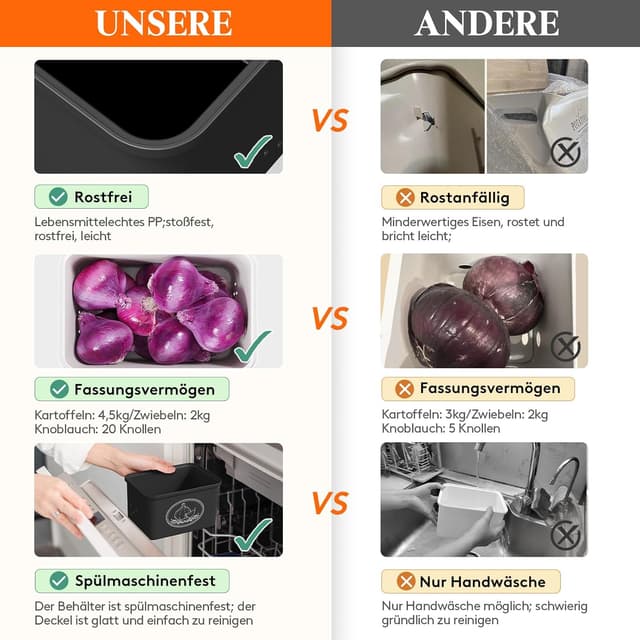 Detalle de Lifewit Kartoffel Aufbewahrungsbox 3er Set (Kartoffeln, Zwiebeln, Knoblauch) mit Belüftung, stapelbar – 24 cm hoch, schwarz