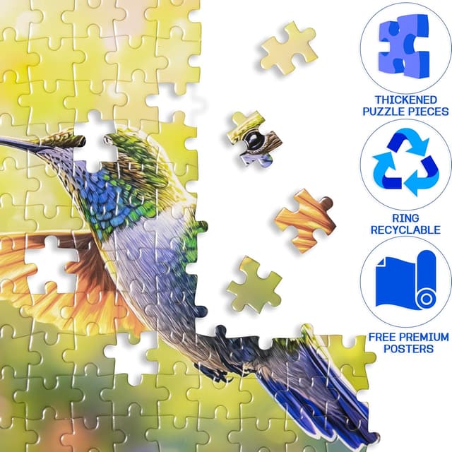 Detalle de 300-Piece Puzzle for Adults: Spring Hummingbird Flowers Jigsaw, Recycled Paper, Glossy & Sturdy Large Pieces