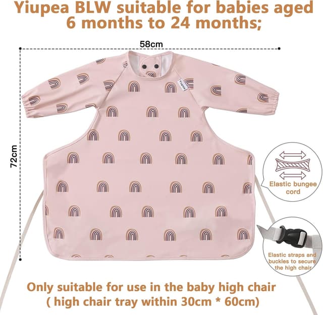 Detalle de Yiupea baby bibs with long sleeves (waterproof, easy-clean) for high chair trays, 6–24 months