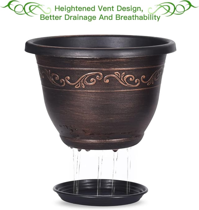 Detalle 2 de Pottiffe 25cm Plastic Plant Flower Planters (3-pack) with Drainage Hole & Saucer