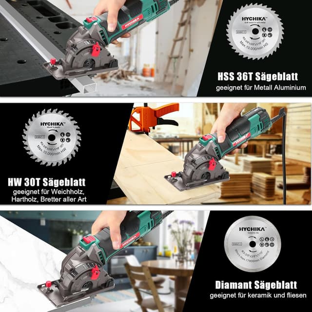 Detalle 2 de HYCHIKA Mini Kreissäge 500 W mit 3 Sägeblättern, 4.500 RPM, 0–25 mm Schnitttiefe