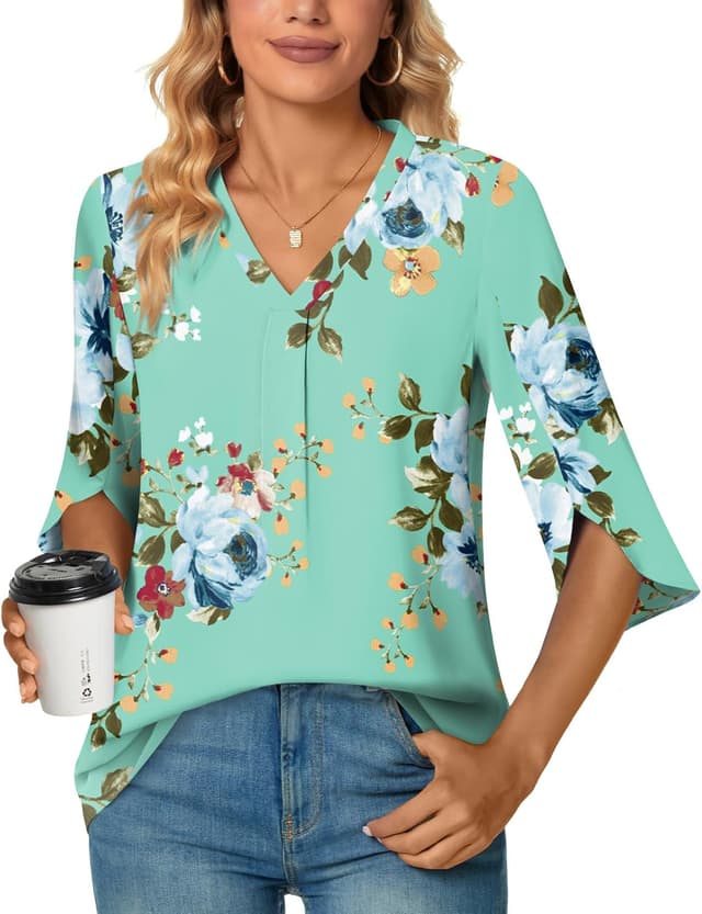 Detalle 2 de Aodemo women’s chiffon blouse V-neck tunic with 3/4 sleeves (loose office-to-casual top)