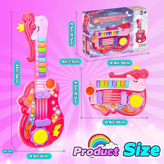 Detalle 1 de m zimoon Kids Toy Guitar 2 in 1 (folding guitar & piano) with strap, pink crown