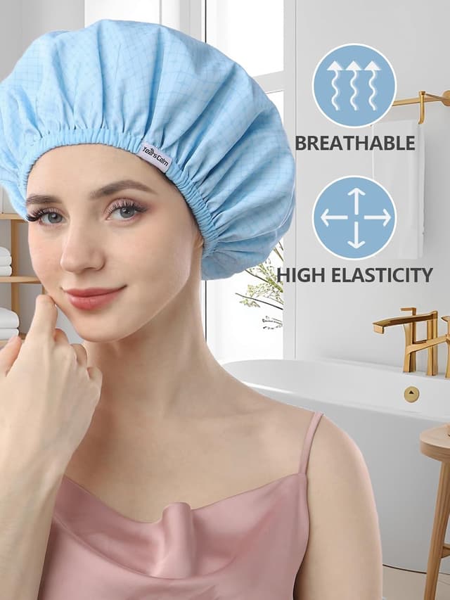 Detalle de Years Calm Duschhaube für Frauen – wiederverwendbar, wasserdicht, extra groß (blau), zweilagig