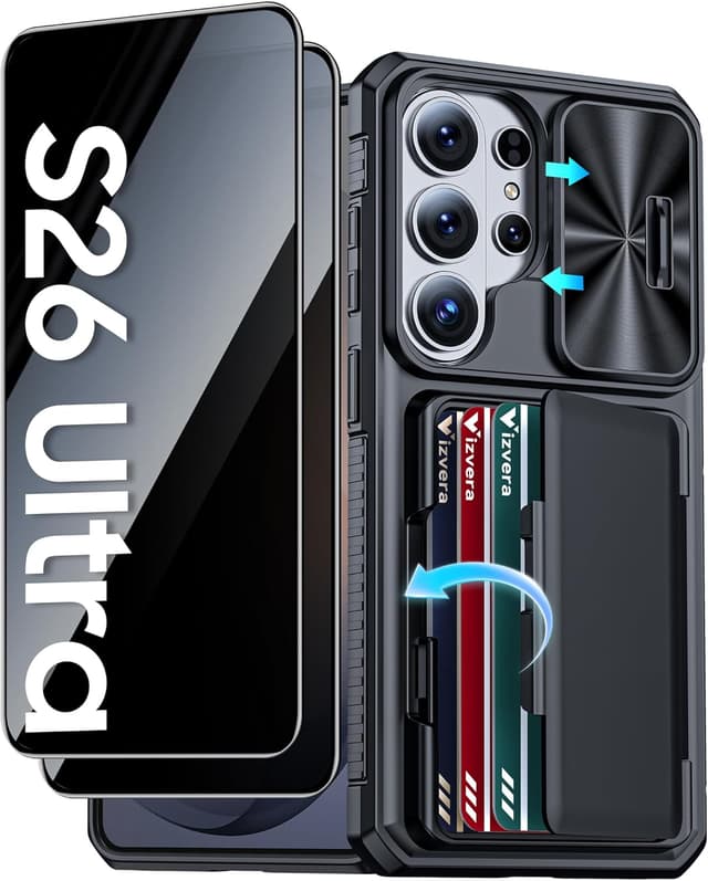 Detalle de Vizvera for Galaxy S26 Ultra Case with 2-Pack Privacy Screen Protector, RFID Card Holder & Sliding Camera Cover
