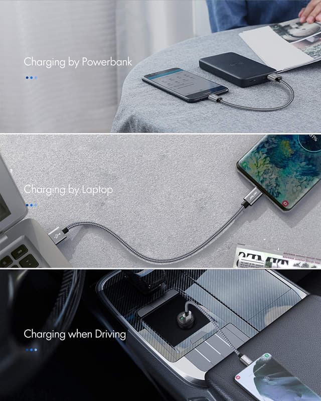 Detalle 2 de JALIXI Short USB-C Cable 30cm (2-pack) – Fast Charging USB to USB-C for iPhone & Samsung, Car Charger & Android Auto