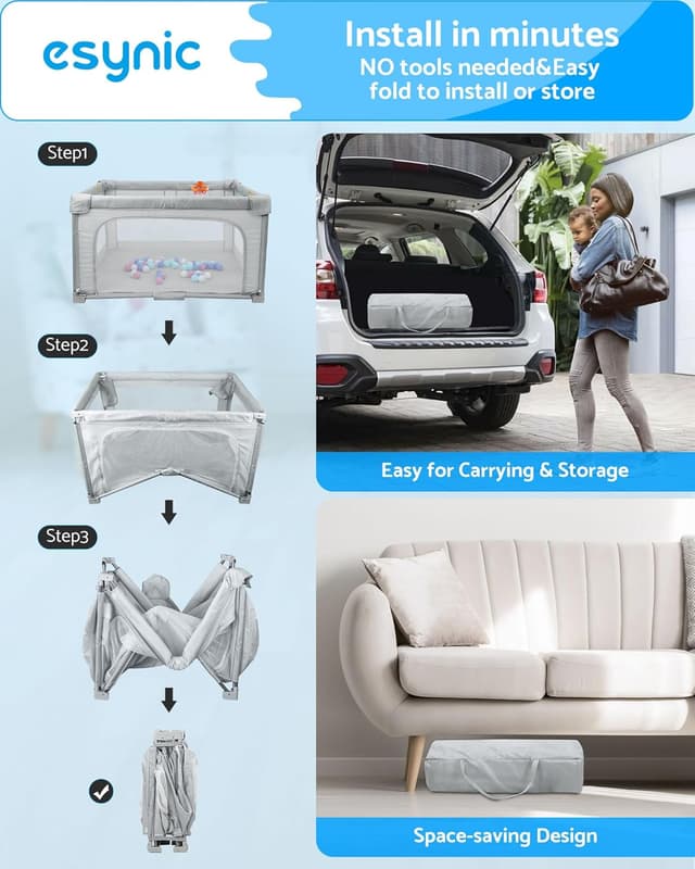 Detalle 2 de eSynic Large Foldable Baby Playpen (127 x 127cm) with Soft Mat, 50 Balls & Hoop