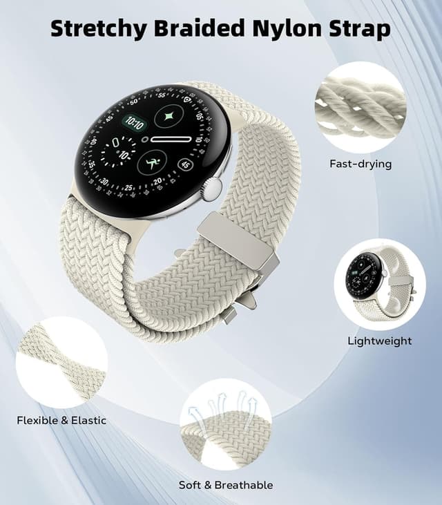 Detalle de Astorgos Braided Band for Google Pixel Watch 3/4 (45mm) – Elastic Nylon Sport Strap with Parachute Buckle