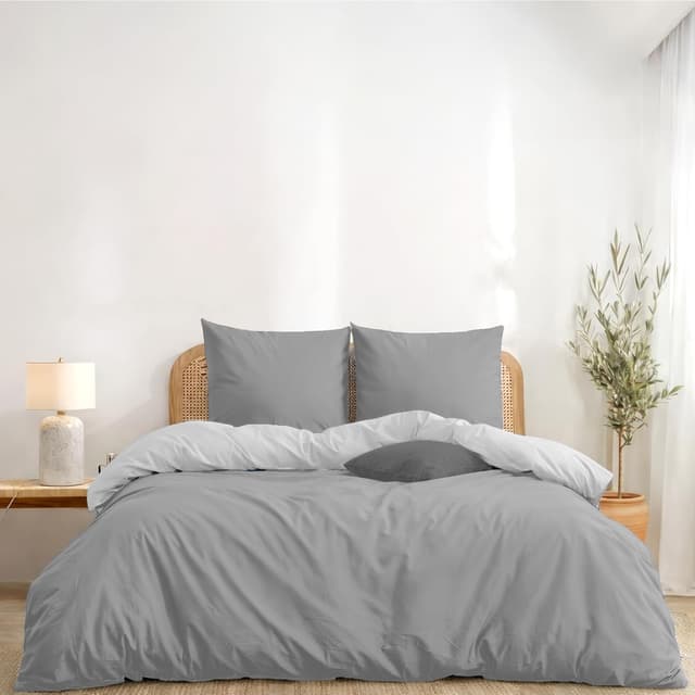 Detalle de Twinzen Parure de lit 220x240 réversible en microfibre grise claire/blanc avec 2 taies 65x65