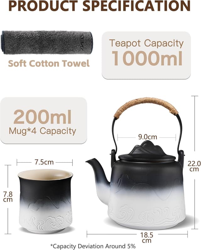 Detalle de ZENS Vintage Japanese Tea Set – 1000ml embossed teapot with built-in strainer, 4 cups