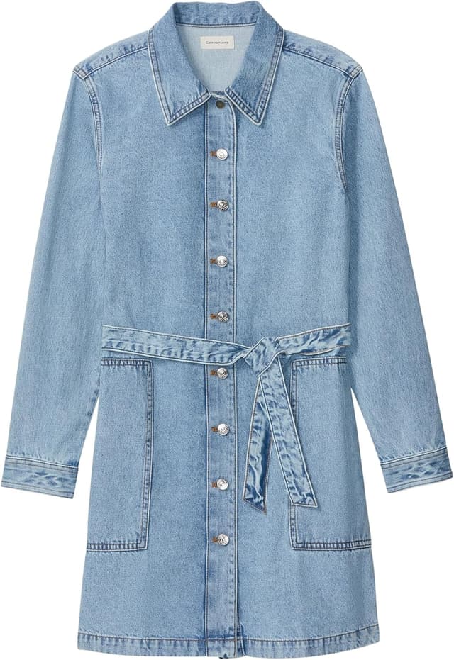 Detalle de Calvin Klein Belted Denim Mini Dress Coastal LV047F671G vestito donna in denim