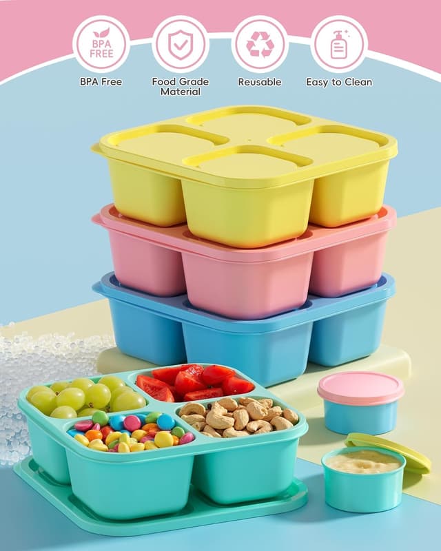 Detalle de Canfanni 4-Piece Reusable Snack Box Containers Set with 4 Compartments and 2 Sauce Containers (BPA-Free, Stackable)