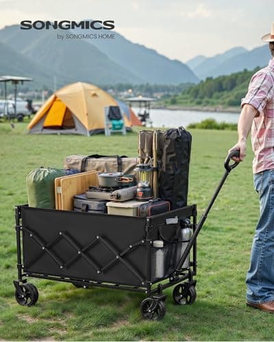 Detalle 2 de SONGMICS GFW150BH01 carro de mano plegable de jardín negro con 4 ruedas reforzadas (hasta 150 kg)
