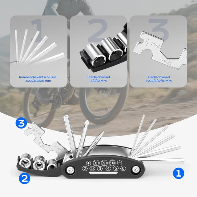 Detalle 2 de Fahrrad Reparaturset 16-in-1 Kompakt aus Stahl Schwarz