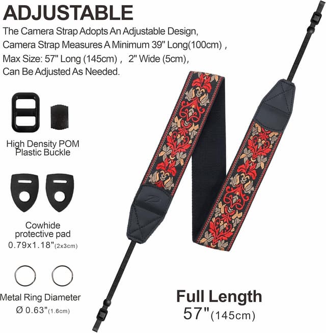 Thumbnail 6 de Padwa Lifestyle Camera Strap – 2 inch wide cowhide ends, vintage jacquard embroidered strap for cameras & binoculars