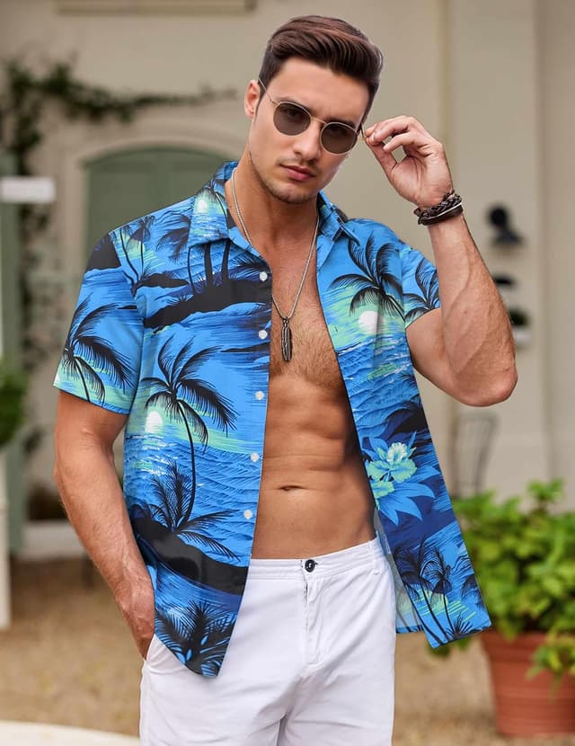 Detalle de Gavliuu men’s Hawaiian button-down floral shirt (short sleeves)