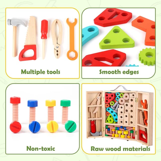 Detalle de Wdmiya Wooden Toys Kids Tools Set (65 PCS) for Ages 2+ — Wooden Tool Box Pretend Play