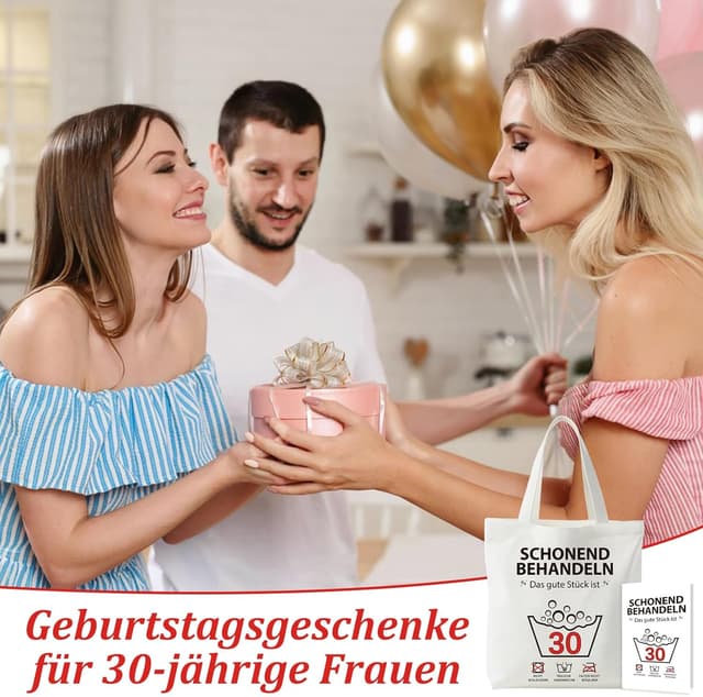 Thumbnail 6 de Komergave 30. Geburtstag bedruckte Stoffbeutel für Frauen (Tote Bag) inkl. Grußkarte, 40 x 35 cm