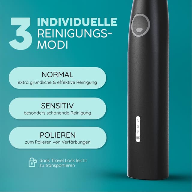 Detalle de happybrush® Schallzahnbürste Eco Vibe 3+ – elektrische Ultraschall-/Sonic-Zahnbürste mit 8-Wochen-Akku, 3 Modi & 2 Jahren Garantie (Black)
