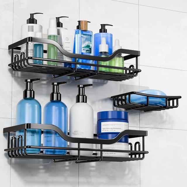 Detalle de OMAIRA 3-Pack Shower Caddy — Large Adhesive Bathroom Organizer