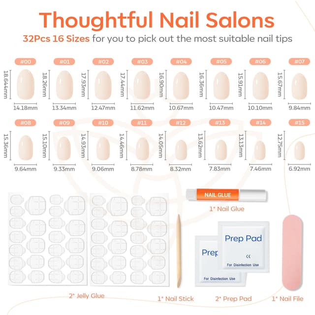 Detalle de modelones Short Press on Nails Oval Fake Nails Kit (32 pcs, 16 sizes) with Nail Glue & Adhesive Tabs